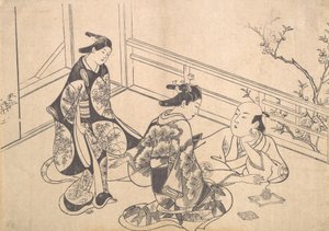 Skuespilleren Ichimura Takenojo liggende på en balkong, ca. 1715., ca. 1715.