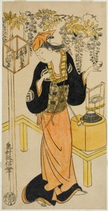 Skuespilleren Sanogawa Mangiku I som Ohatsu i stykket "Sogazaki Shinju," fremførte på Nakamura Theatre i den fjerde måneden, 1719 av Okumura Masanobu
