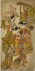 Skuespillerne Sanjo Kantaro II som Osome og Ichikawa Monnosuke som Hisamatsu i stykket "Osome Hisamatsu Tamoto no Shiro Shibori," fremførte på Morita-teatret, 1720 av Okumura Masanobu