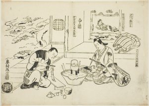 Bambusfløyten og pottetreet (Shakuhachi hachi-no-ki), nr. 12 fra en serie på 12 trykk som viser parodier på skuespill av Okumura Masanobu