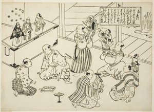 The Dressing Room of a Puppet Theatre, innholdsfortegnelsen fra serien "Famous Scenes from Japanese Puppet Plays (Yamato irotake)" av Okumura Masanobu