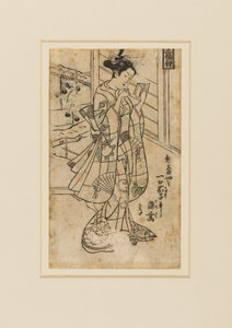 Treblokktrykk - Onoe Kikingoro I som kvinne som leser en bok, 1700-tallet av Okumura Masanobu