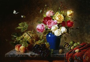 Roser i en vase, fersken, nøtter og en melon på en marmorert hylle, 1891 av Olaf August Hermansen