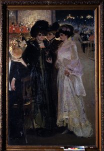 Kafé i Paris (Frankrike). (Kafé i Paris). Nattscene, tre kvinner diskuterer midt i en folkemengde ved bordet, i det fjerne, et orkester og gatelysene i byen. Maleri av Alexander Alexandrovich Murashko (Alexander Murashko) (1875-1919), olje på lerret av Oleksandr Murashko