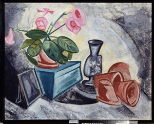Stilleben med rosa blomster. Maleri av Olga Vladimirovna Rozanova (1886-1918), olje på lerret