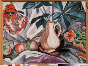Stilleben med vase og epler - Stilleben med kanne og epler - Maleri av Olga Vladimirovna Rozanova (1886-1918), olje på lerret - Russisk kunst, slutten av 1800-begynnelsen av 1900-tallet, avantgarde - Statens russiske museum, St. Petersburg