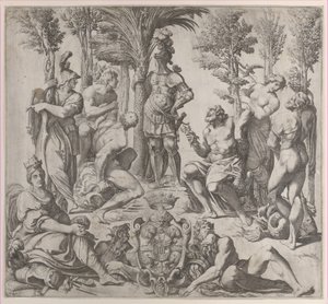 Allegorisk komposisjon med seks olympiske guder samlet rundt en skikkelse i rustning, 1615-35., 1615-35. av Oliviero Gatti