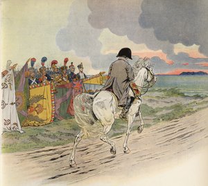 Imaginært bilde av Napoleon på hesteryggen, som mottar respekt fra Europas soldater av Onfray de Breville Job