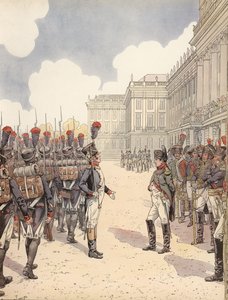 Napoleon blir oppsøkt av en nervøs løytnant under en parade ved Schoenbrunn av Onfray de Breville Job