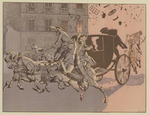 Napoleon har en mirakuløs flukt fra eksplosjonen av en bombe, maskininfernalen, på Rue Saint-Nicaise, Paris, 24. desember 1800 av Onfray de Breville Job