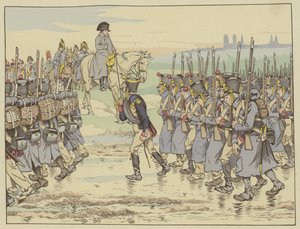Napoleon ser på som den siste kontingenten av hæren i det franske felttoget marsjerer forbi nær Reims, 16. mars 1814 av Onfray de Breville Job