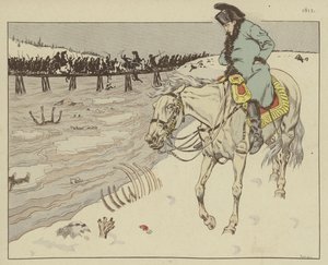 Napoleon ser på restene av hans Grand Armee som krysser elven Berezina på retrett fra Moskva, 1812 av Onfray de Breville Job
