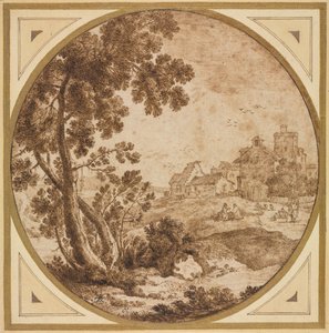 Landskap med bygninger og figurer, andre halvdel 1600-tallet.