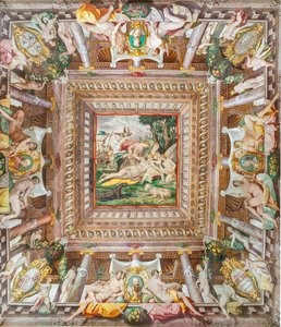Utsikt over taket i Adonis-rommet og minnesteinene til familiemedlemmene Rossi, Gonzaga, Riario og Medici, Rocca dei Rossi, San Secondo, Parma, Italia av Orazio (attr.to) Samacchini