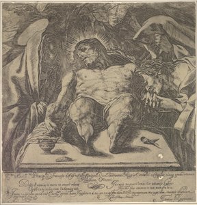 Klagesang over Kristi legeme av de tre Mariane, en krukke med salve på bordet til ..., 1615. av Orazio Borgianni
