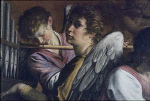 Omskjæringen. Detalj: Artemisia Gentileschi som Saint Cecilia, ca. 1620. av Orazio Gentileschi