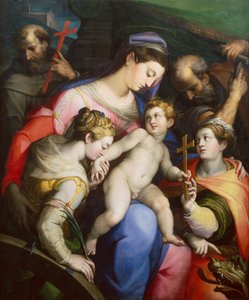 Den hellige familie med de hellige Margaret, Catherine og Francis (olje)
