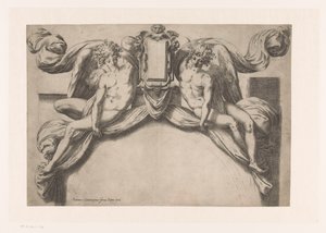 Design for en dørkarm med to genii som holder opp cartouche av Orazio de Santis (attributed to)