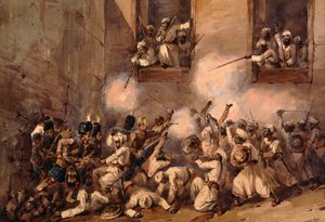 De 93. høylanderne går inn i bruddet ved stormingen av Secundrabagh, Lucknow, 16. november 1857