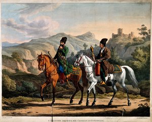 Perser som røyker en vannpipe på hesteryggen, ca 1820