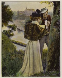 Par hugger initialene inn i barken på et tre (farge litho) av Oscar Bluhm
