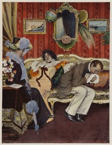 Nygift par på bryllupsreise, med mannen som lider av hoste (farge litho) av Oscar Bluhm