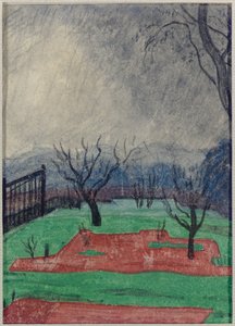Felt ved solnedgang (w/c og fargestift på papir)