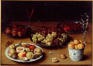 Stilleben av frukt og glass Et bord dekket med plommer, aprikoser, fersken, pærer, druer, bringebær og et glass rødvin. Maleri av Osias Beert I ou l'Ancien (1570-1624) 1600-tallets søn. 0,51x0,73 m Grenoble, Musee des Beaux Arts av Osias the Elder Beert