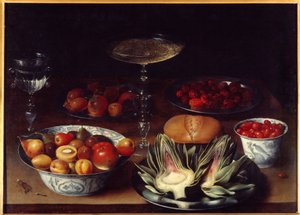 Stilleben med artisjokker Et bord dekket med artisjokker, kirsebær, aprikoser, fersken, pærer, bringebær. Maleri av Osias Beert I ou l'Ancien (1570-1624) 1600-tallet Søn. 0,51x0,73 m Grenoble, Musee des Beaux Arts