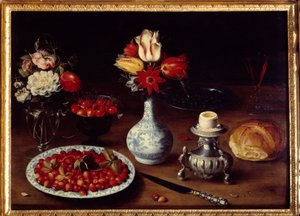 Stilleben med blomstervase Buketter av tulipaner og nelliker med kirsebær, markjordbær, kokt egg (eggekopp) og brød. Maleri av Osias Beert I ou l'Ancien (1570-1624) 1600-tallets søn. 0,52x0,73 m Grenoble, Musee des Beaux Arts