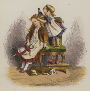 Liten jente børster søsterens hår (litho-farge)
