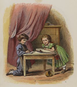 To barn leser bøker (farge litho)