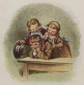 To små jenter prøver å muntre opp en gretten gutt (farge litho) av Oskar Pletsch