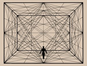 Figur i rommet med plangeometri og romlige avgrensninger, 1924-1925. av Oskar Schlemmer