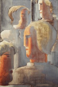 Gruppe på fire hoder gråblå, Folkwang-studie III; Fire gruppe hoder gråblå, Folkwang Studie III av Oskar Schlemmer