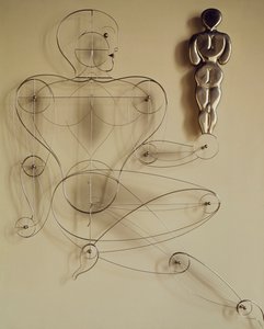Homo, trådfigur med figur bakfra i hånden av Oskar Schlemmer