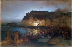 Fyrverkeri i Napoli (Italia) - Maleri av Oswald Achenbach (1827-1905), olje på lerret