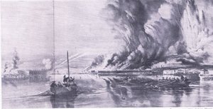 Sevastopols fall og russernes retrett, 8. september 1855, illustrasjon fra British Battles on Land and Sea, 1915 av Oswald Walters Brierly