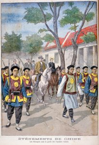 En utlending under vakthold av vanlig kinesisk hær, Kina, 1900.