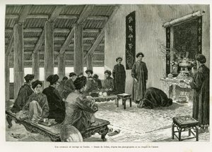 En bryllupsseremoni på Tonkin. Gravering av Tofani, for å illustrere historien Trente mois au Tonkin, i 1884, av Dr Paul Hocquard, i le tour du monde 1890, under ledelse av Edouard Charton (1807-1890), Hachette, Paris. av Oswaldo Tofani