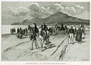 Øyboere skal til messe. Gravering av Tofani, for å illustrere historien Trois mois en Irlande, i 1889, av Marie anne de Bovet, i le tour du monde 1890, regissert av Edouard Charton (1807-1890), Hachette, Paris. av Oswaldo Tofani