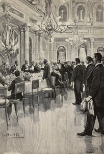 Italienske diplomater skåler sammen, Paris, Frankrike, gravering fra tegning av Gennaro Amato, fra skisse av Osvaldo Tofani, fra L'Illustrazione Italiana, år 19, nr. 50, 11. desember av Oswaldo Tofani