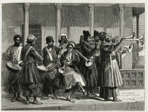 Musikere som hilser soloppgangen i Isfahan (eller Isfahan, Iran by). Gravering av Tofani, for å illustrere historien "" Persia, Chaldee og Susiane"" av Oswaldo Tofani