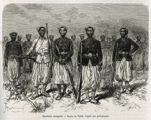 Senegalesiske ryttere av ekspedisjonen eskorte. Gravering av Tofani, for å illustrere historien om Exploration in Haut Niger, av kommandør Gallieni, av Marine Infantry, i 1880-1881, publisert i Tour du monde, under ledelse av Edouard Charton (1807) av Oswaldo Tofani