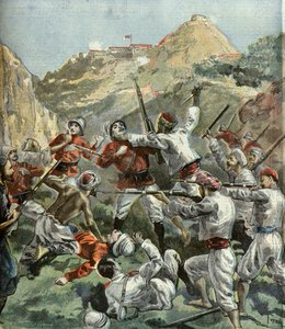Britene blir angrepet ved fortet Mala-Khan under et opprør i India i 1897 (gravering)
