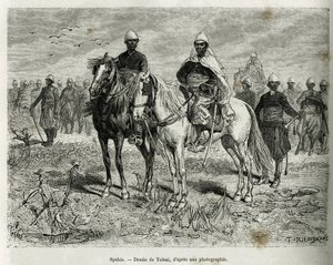 Spahis av ekspedisjonen eskorte. Gravering av Tofani, for å illustrere historien om Exploration in Haut Niger, av kommandør Gallieni, fra Marine Infantry, i 1880-1881, publisert i Tour du monde, under ledelse av Edouard Charton (1807-1890) av Oswaldo Tofani