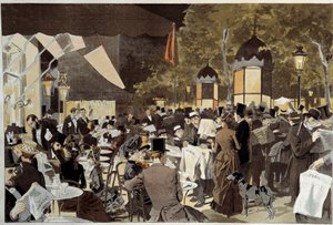 Boulevardene på valgkveldens kaféterrasse. Fra et maleri av Osvaldo Tofani (1849-1915) Ec. Ital. av Oswaldo Tofani