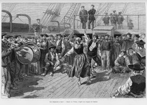 Emigrantene om bord. Gravering av Tofani for å illustrere historien Voyage a la Plata, tre måneders ferie av Emile Blaireaux i 1886, i tour du monde 1887, under ledelse av Edouard Charton (1807-1890), Hachette, Paris. av Oswaldo Tofani