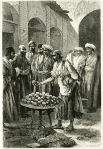 Fiskehandleren i Kachan (eller Kashan, i Teheran-provinsen, dagens Iran). Gravering av Tofani, fra et fotografi, for å illustrere historien "" Persia, Chaldee og Susiane"" i 1881-1882, av Jane Dieulafoy (nee Magre) av Oswaldo Tofani