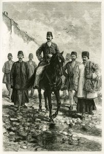 Guvernøren i Kachan (eller Kashan, i Teheran-provinsen, dagens Iran) rir på en svart hest og suiten hans er til fots. Gravering av Tofani, fra et fotografi, for å illustrere historien "" Persia, Chaldee og Susiane"" i 1881-1882, av Jane Dieulafoy (nee Ma av Oswaldo Tofani